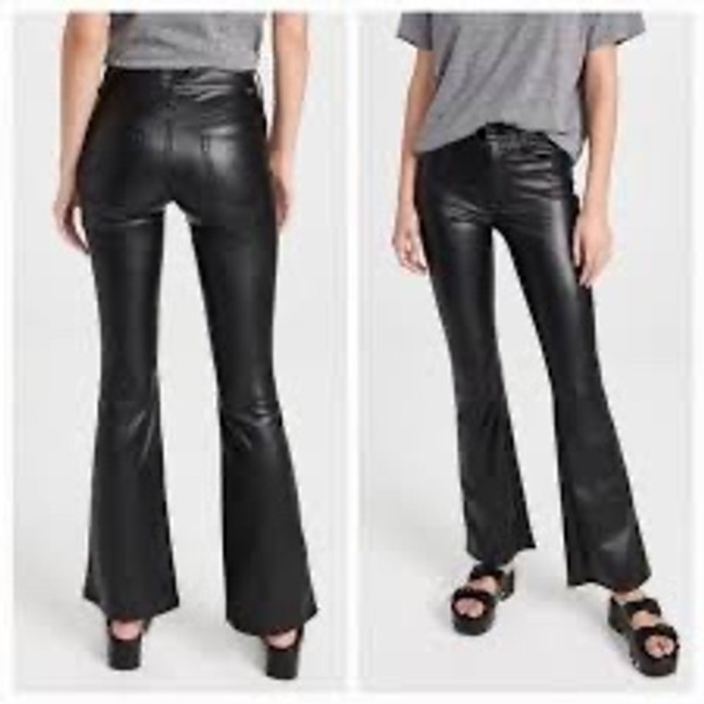 MOTHER The Weekender Heel Flare Vegan Leather Pants Wax On Wax Off Black Size 25